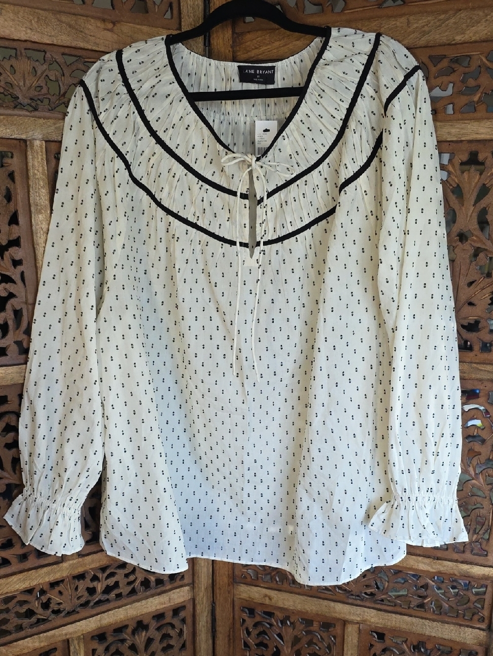 Lane Bryant Cream Blouse with Black Dot Print and Trim